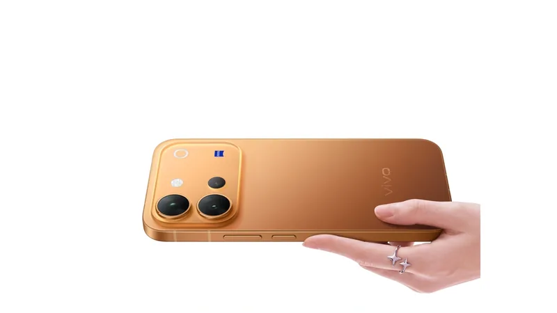 vivo V80 in orange held in a hand, rear camera module facing out