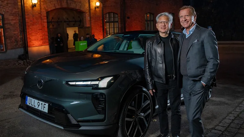 Volvo Cars and NVIDIA executives standing beside a dark Volvo electric SUV at night