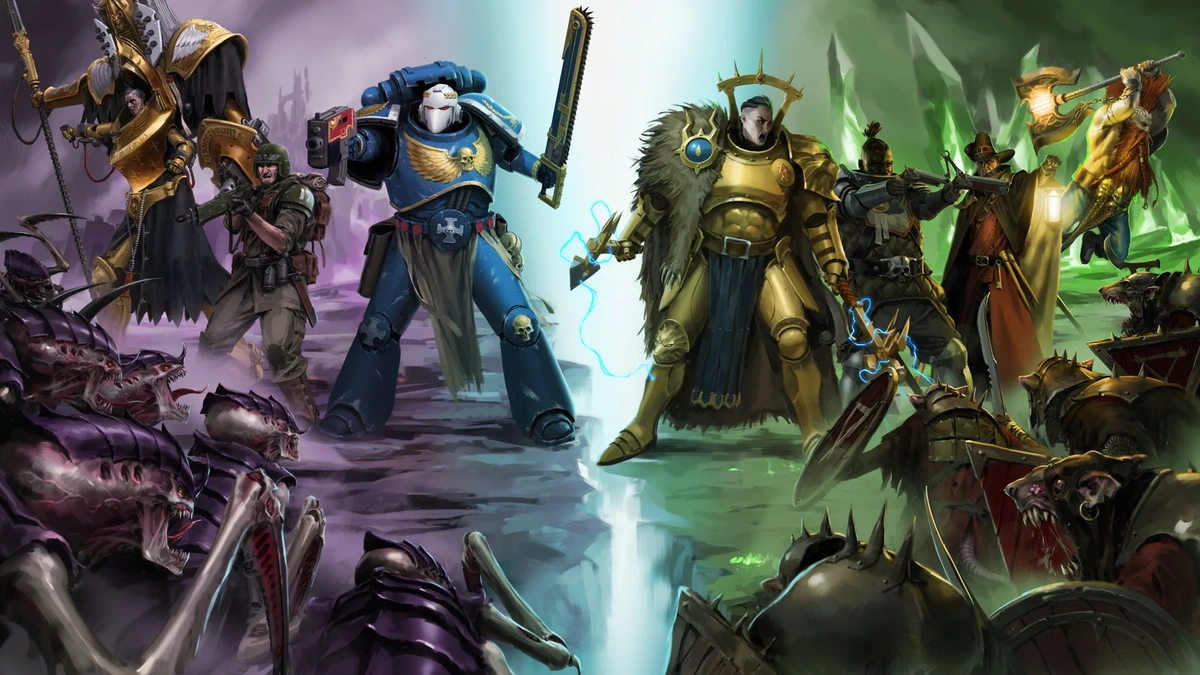 Key art for Warhammer Survivors with a Space Marine, a golden hero and Tyranid creatures