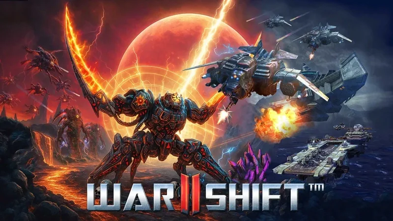 Warshift 2: Machines of Madness key art with an armored mech, spacecraft and an aircraft carrier before a red planet