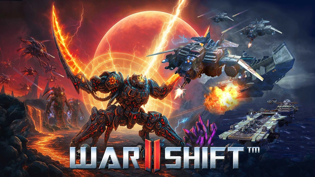 Warshift 2: Machines of Madness key art with an armored mech, spacecraft and an aircraft carrier before a red planet