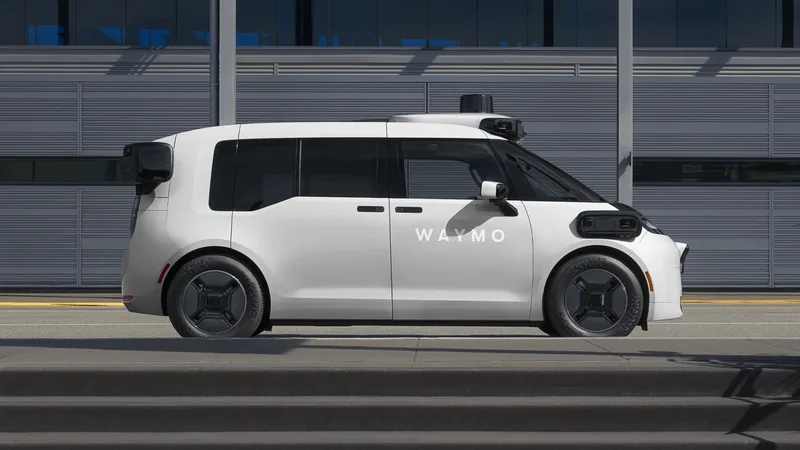 White Waymo robotaxi with roof-mounted sensors, seen side-on in front of a gray paneled wall
