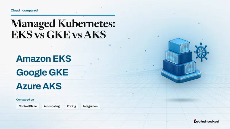 Comparison diagram of Amazon EKS versus Google GKE versus Azure AKS across control plane, autoscaling, pricing.