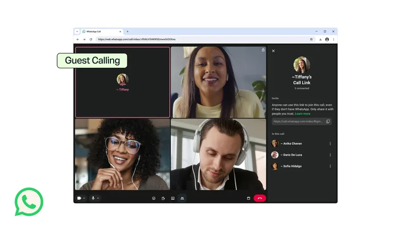 WhatsApp guest calling in a browser, a four-person video call with a Call Link panel