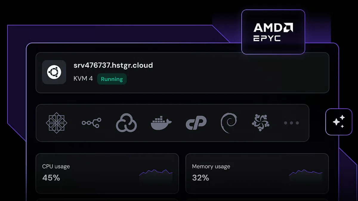 Hostinger VPS control panel showing server status, CPU and memory usage