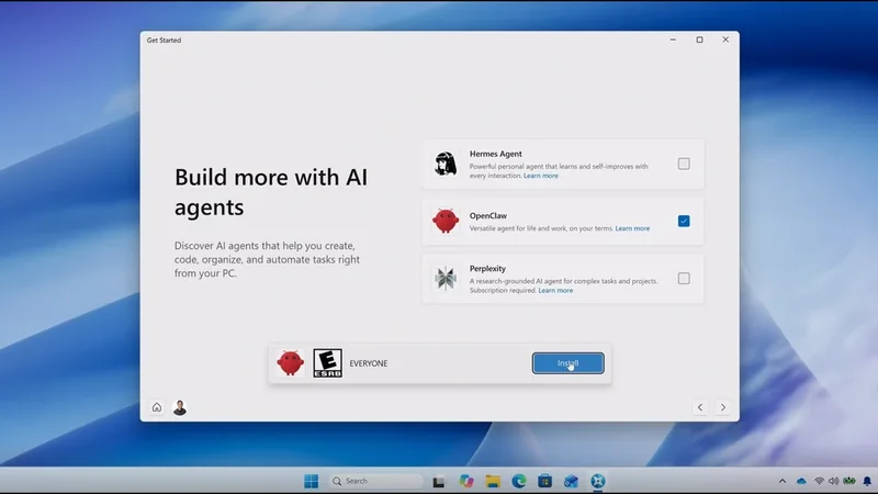 Microsoft Copilot agents in Windows 11: a Get Started window titled Build more with AI agents, listing agent apps