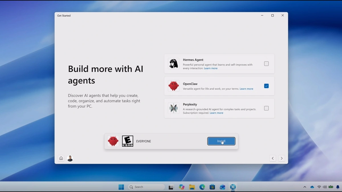 Microsoft Copilot agents in Windows 11: a Get Started window titled Build more with AI agents, listing agent apps