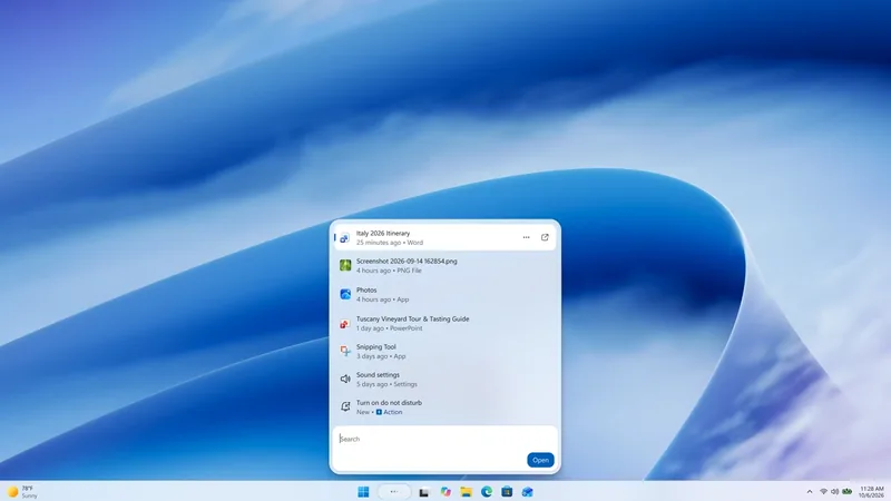 New Windows Search panel listing results in a single column over the Windows 11 desktop