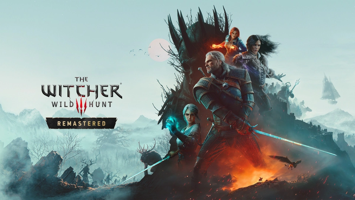 The Witcher 3 Remastered key art with a white-haired warrior in the foreground and a dark creature looming behind