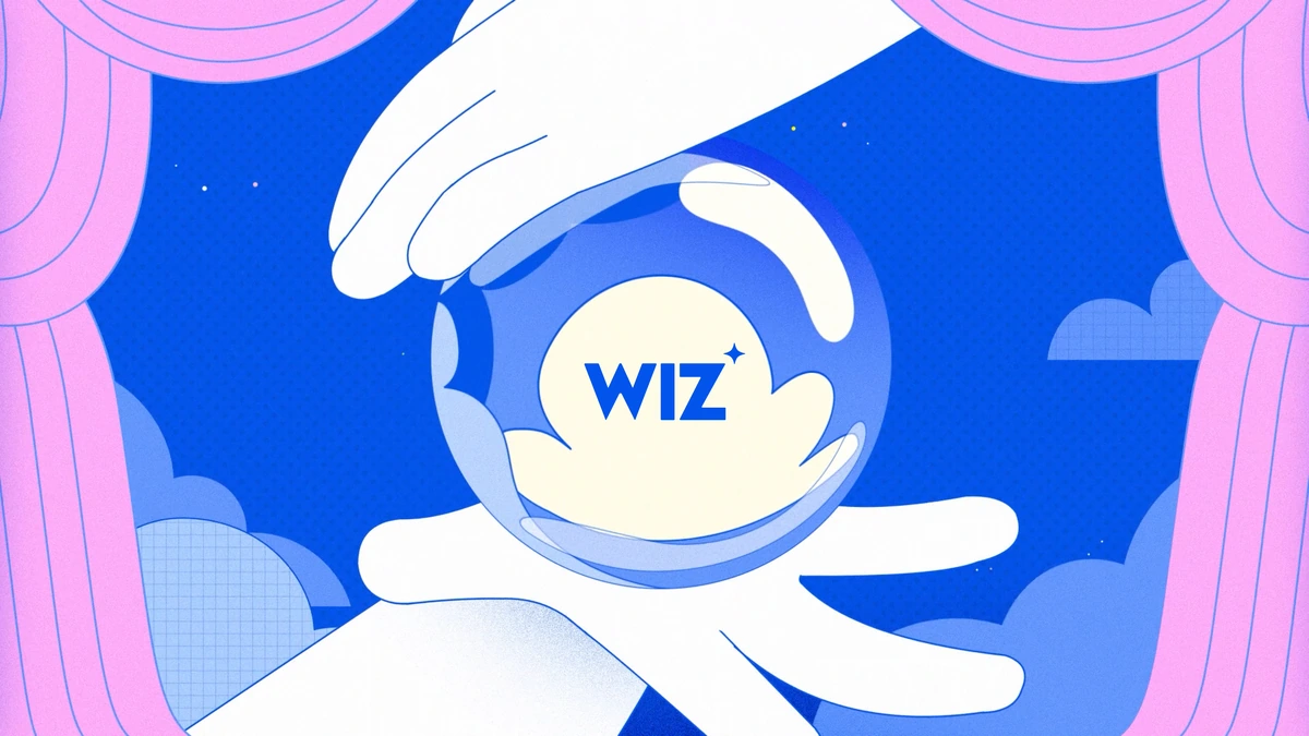 Wiz logo inside a crystal ball held by illustrated hands, framed by pink stage curtains