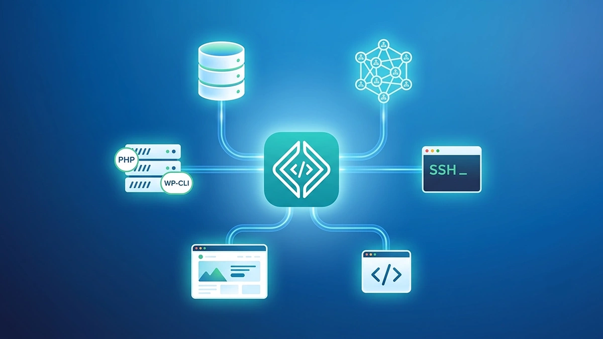 WP Engine Local graphic linking a central app icon to a database, PHP and WP-CLI servers, SSH and site windows