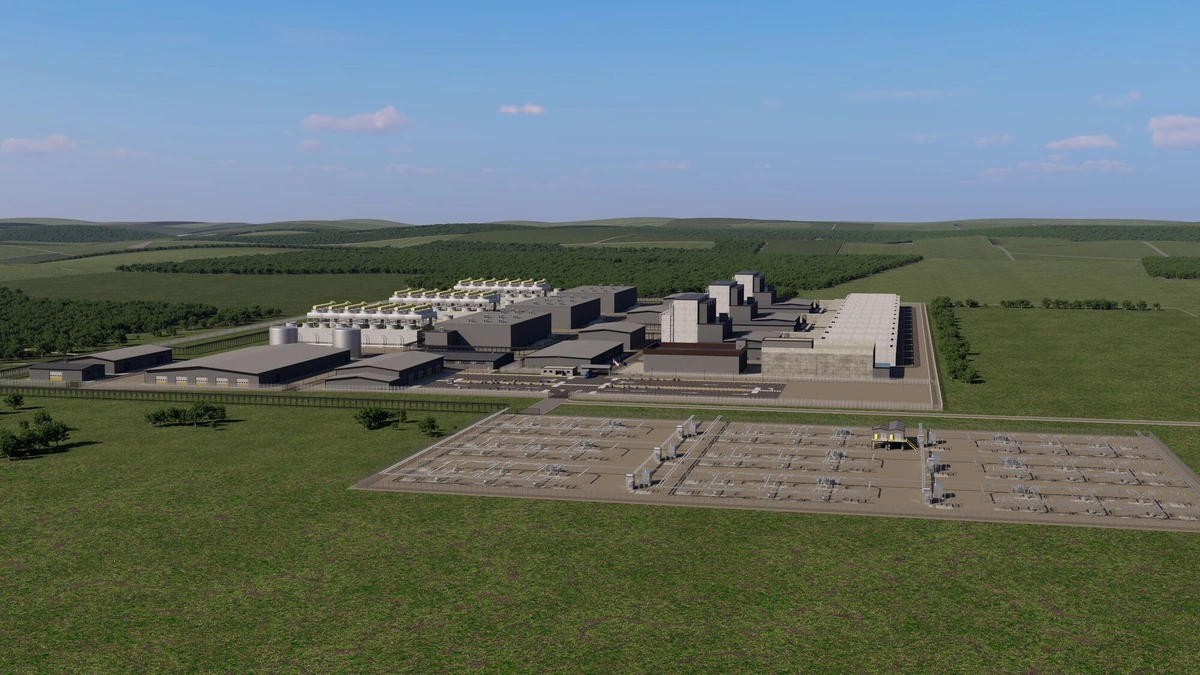 X-energy Xe-100 plant rendering with reactor buildings and a switchyard on green farmland