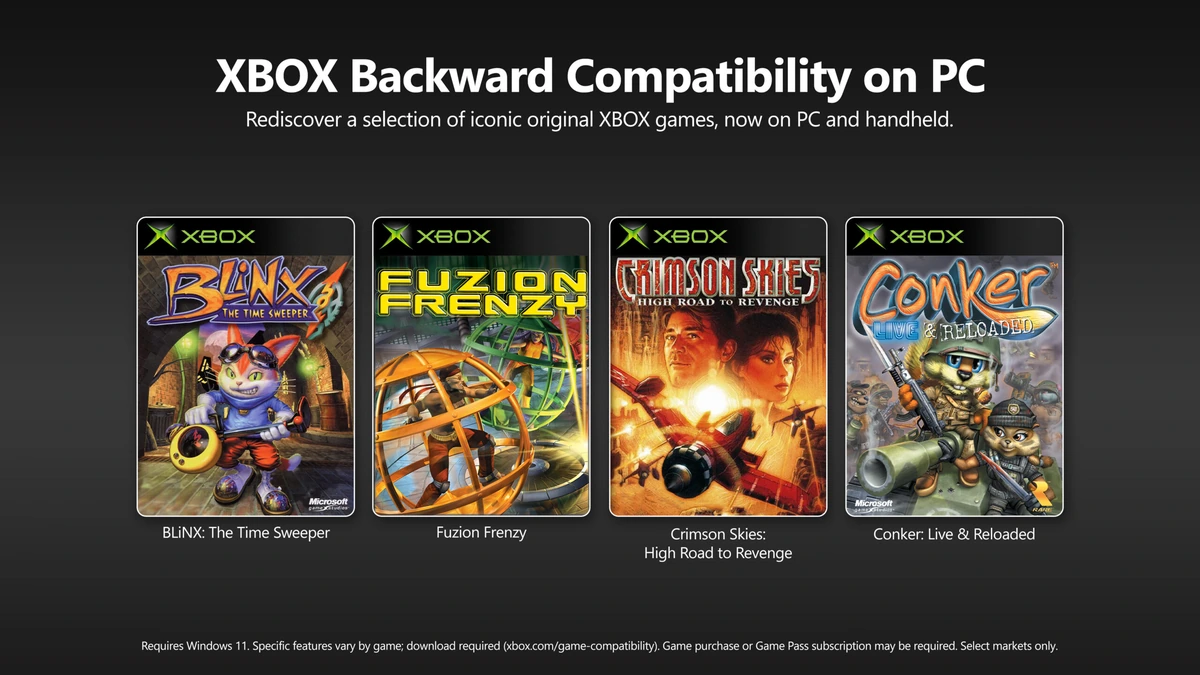Xbox Backward Compatibility on PC key art with covers for BLiNX, Fuzion Frenzy, Crimson Skies and Conker