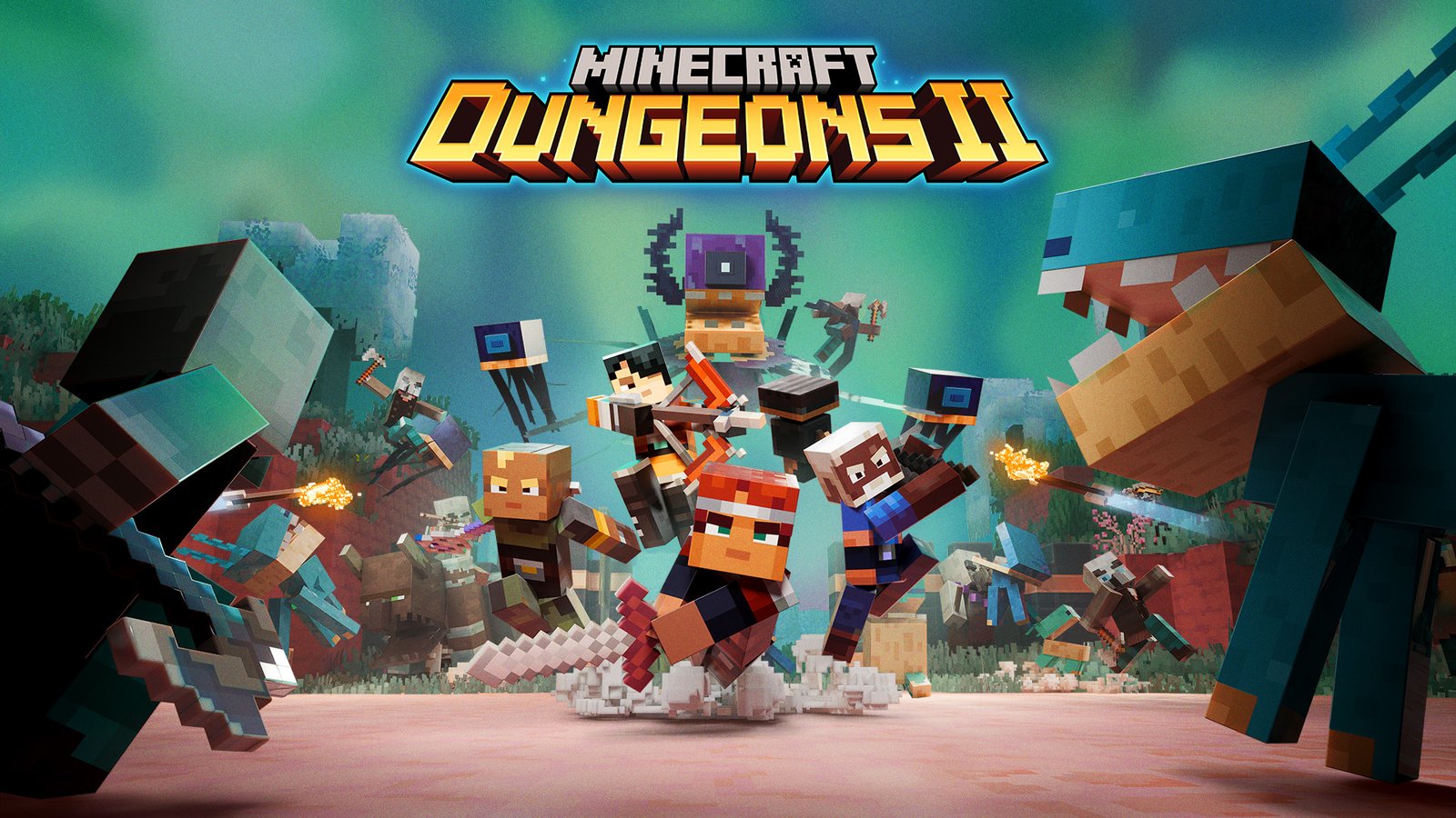 Minecraft Dungeons II key art with blocky heroes charging into battle against mobs