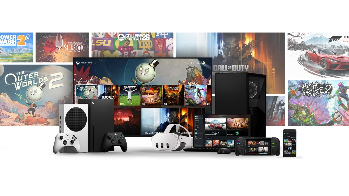 Xbox Game Pass on consoles, controllers, a TV, a PC tower, a VR headset, a handheld and a phone in front of game art