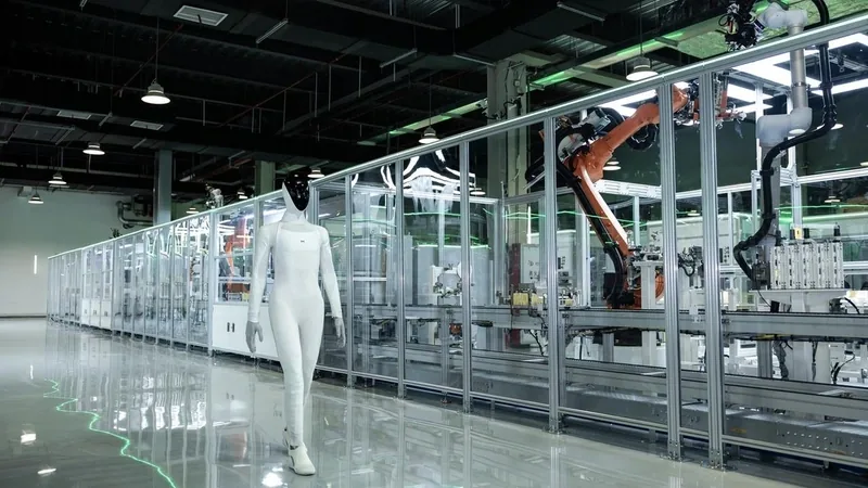 XPENG IRON humanoid robot in a white bodysuit walking down a glass-walled automated assembly line