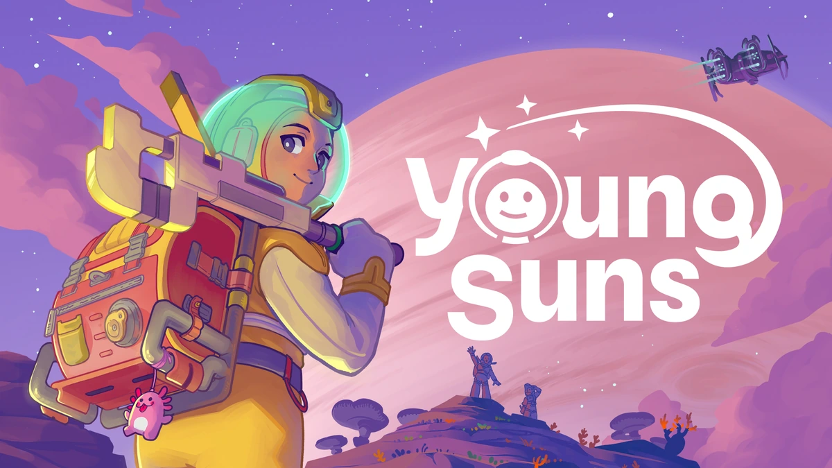 Young Suns key art shows a suited explorer with a tool on a rocky ridge under a purple alien sky