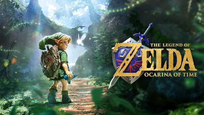 Ocarina of Time key art with young Link holding a blue ocarina in a sunlit forest beside the gold Zelda logo