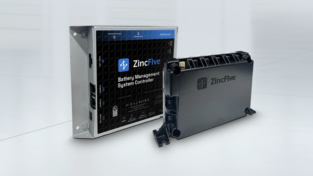 ZincFive battery management system controller and tray monitor module on a light gray studio background
