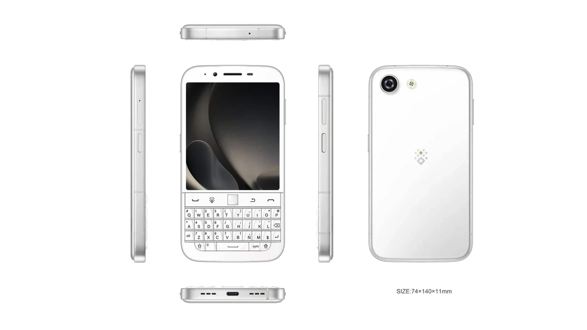 Zinwa Q27 white smartphone shown front, back and edge-on with its physical QWERTY keyboard below the display